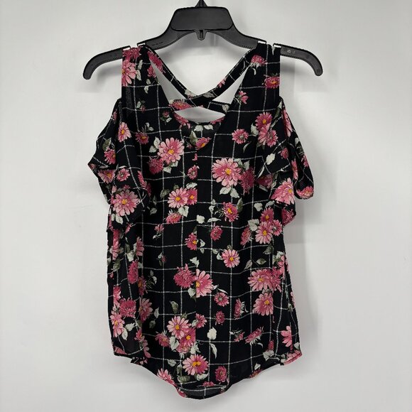 BCX Women's Cold-Shoulder Plaid Floral Short Sleeve Blouse Black White XS NWOT - Picture 3 of 4